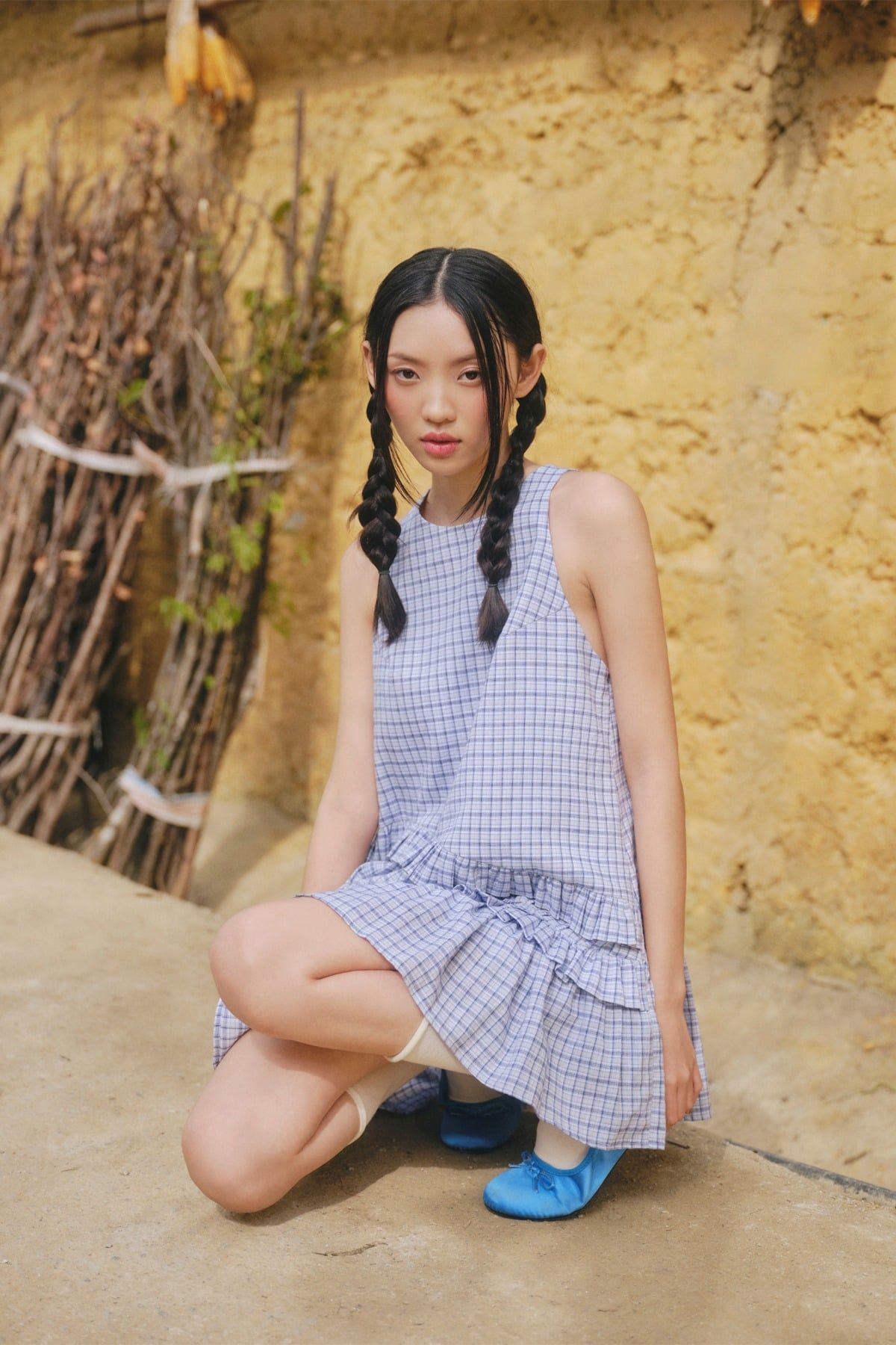 Váy xanh caro cổ yếm Blue Checked Halter Tiered Mini Dress