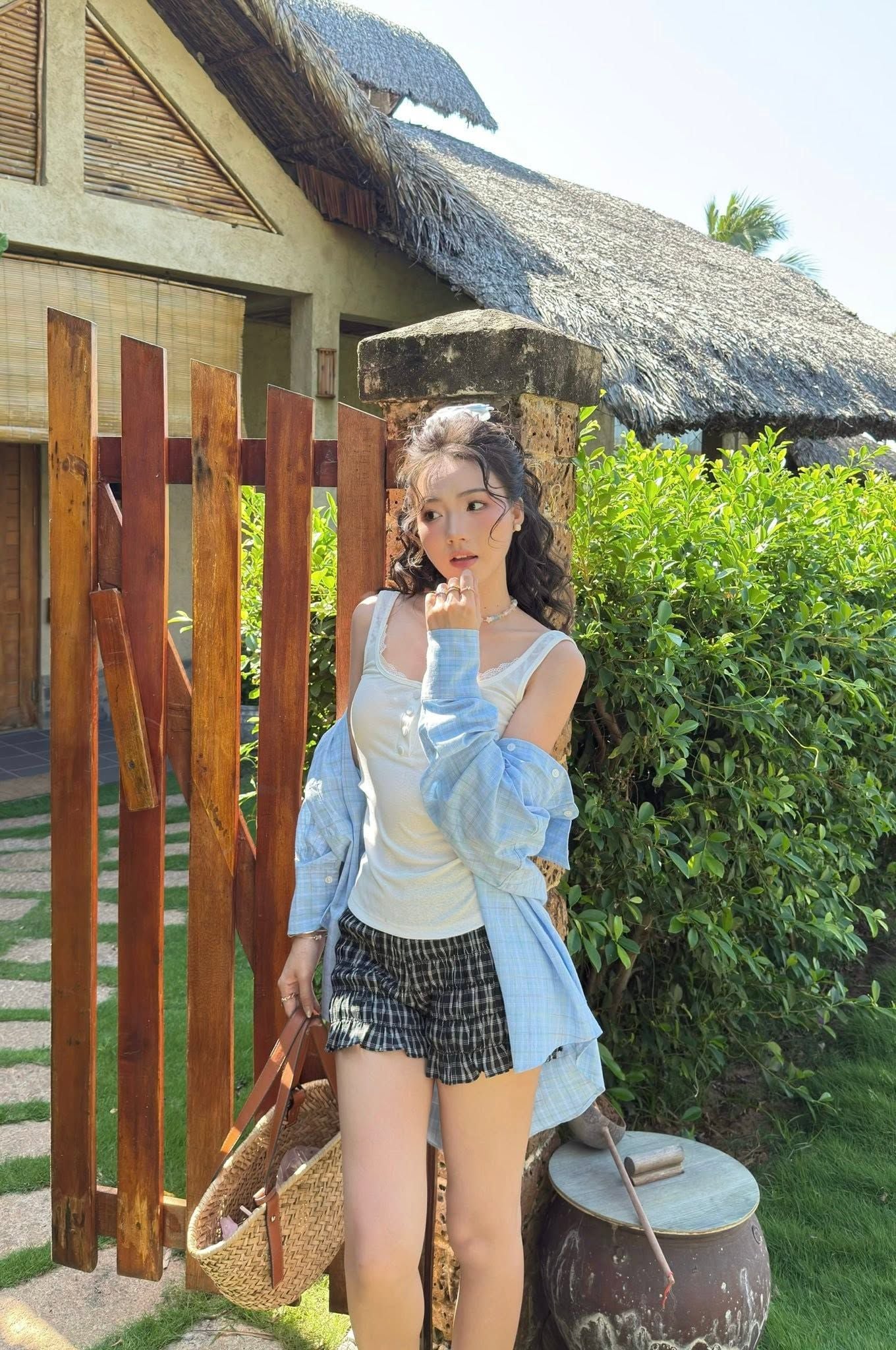 Quần short chun Cotton Checked Ruffle Shorts nhiều màu