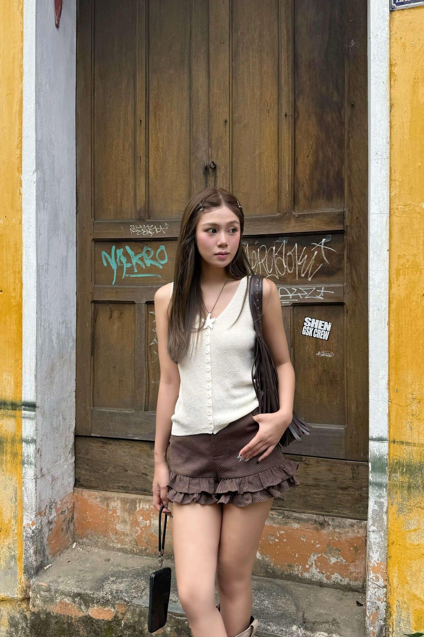 Quần short phối bèo Kaki Polka Dot Ruffle Shorts nhiều màu