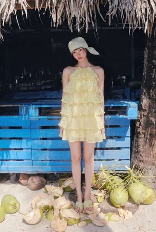 Váy tầng cổ yếm Yellow Chiffon Halter Neck Ruffled Dotted Dress
