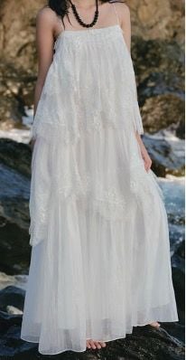  White Lace Chiffon Tiered Layered Maxi Dress 