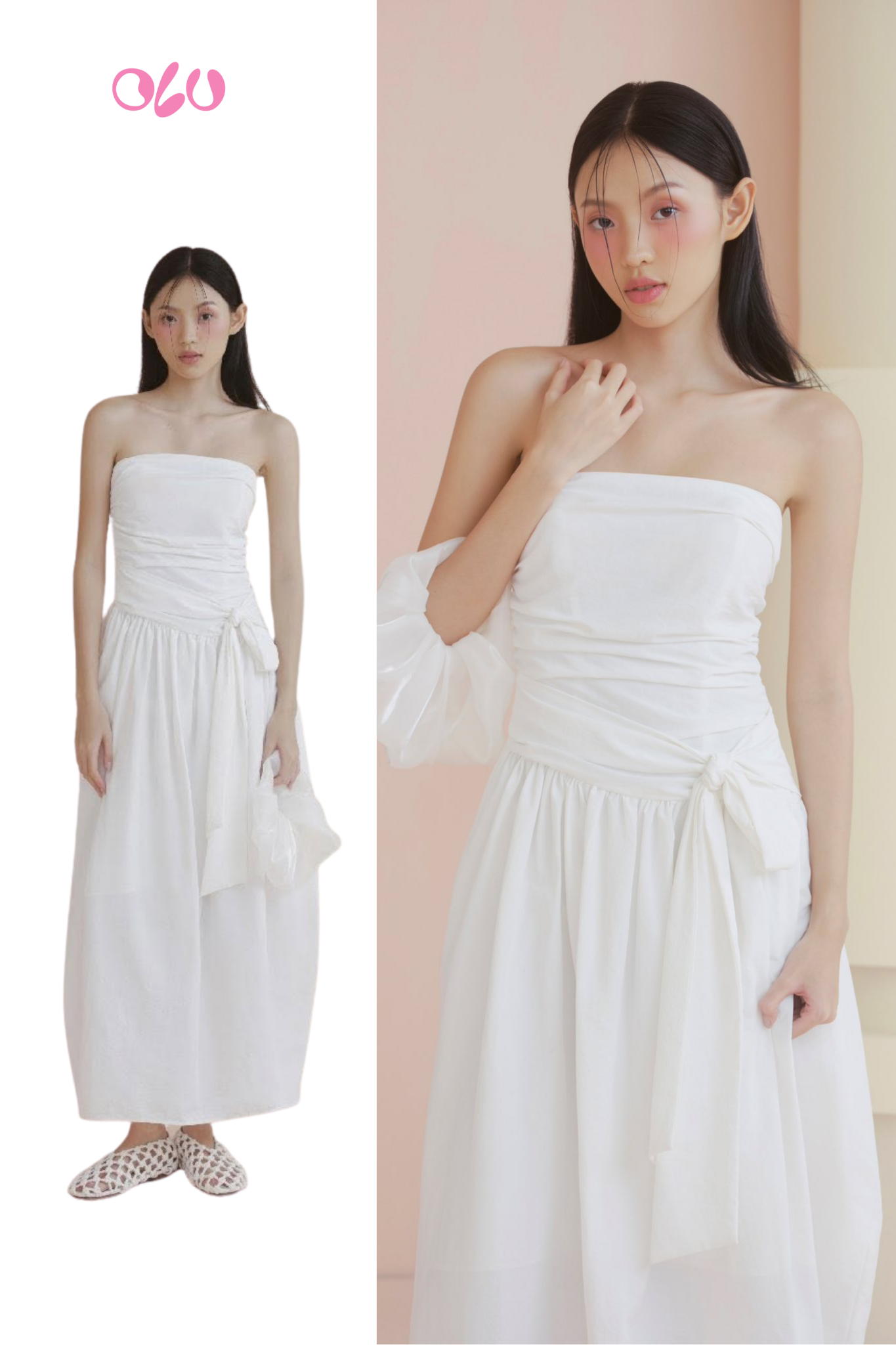 White Ruched Tie Waist Dress