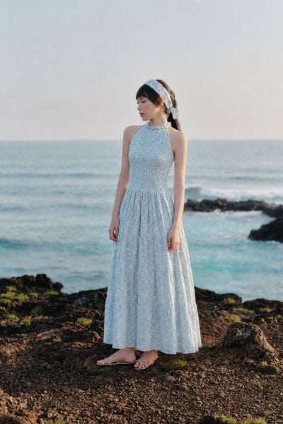  Đầm xanh đen dài cổ tròn Checked Sleeveless Round Neck Maxi Dress nhiều màu 