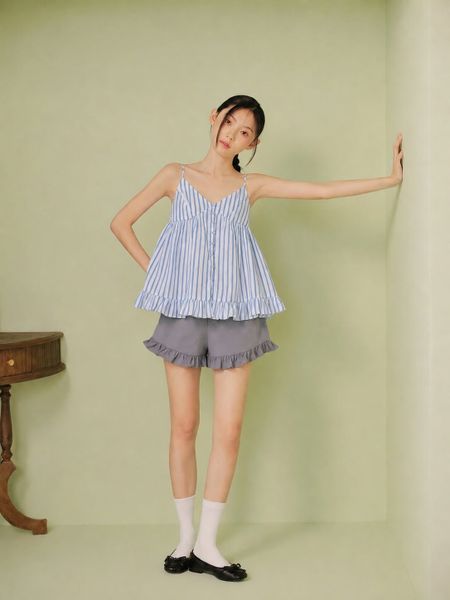  Áo hai dây sọc Blue Striped Ruffled Buttoned Cami Top 