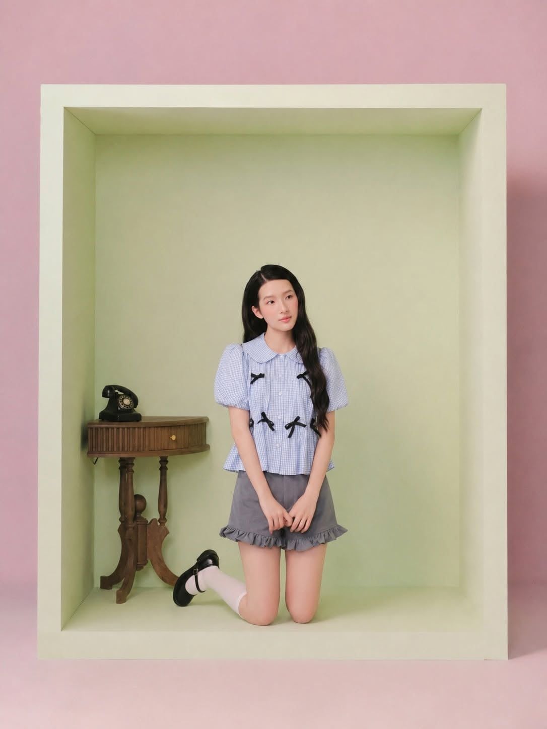 Áo babydoll phối nơ Striped Puff Sleeve Shirt nhiều màu