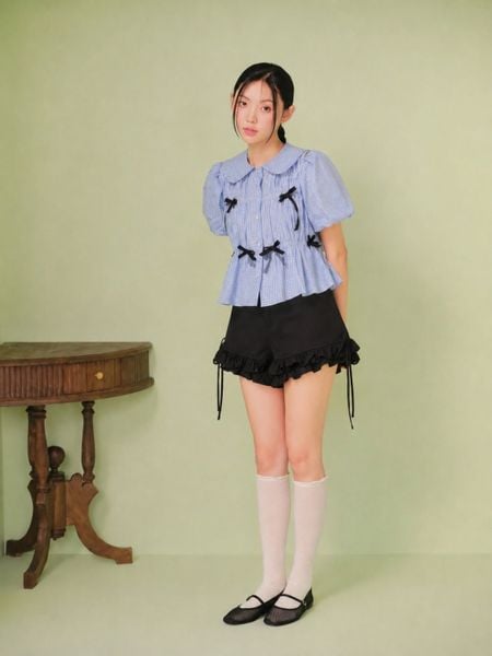  Áo babydoll phối nơ Striped Puff Sleeve Shirt nhiều màu 