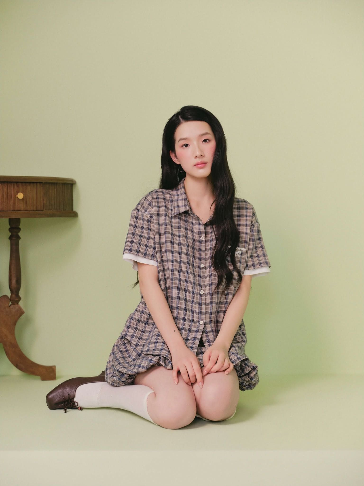 Set sơ mi caro ngắn Gray Checked Buttoned Loose