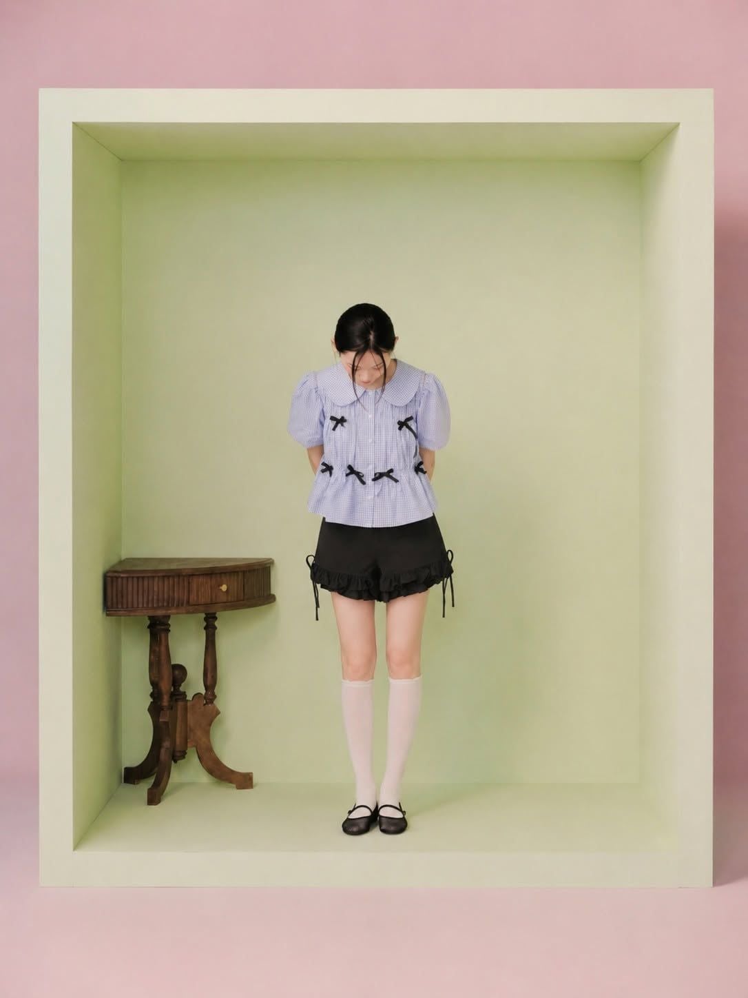 Áo babydoll phối nơ Striped Puff Sleeve Shirt nhiều màu