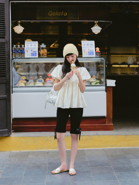  Quần Black Cotton Ribbon Bow Shorts 