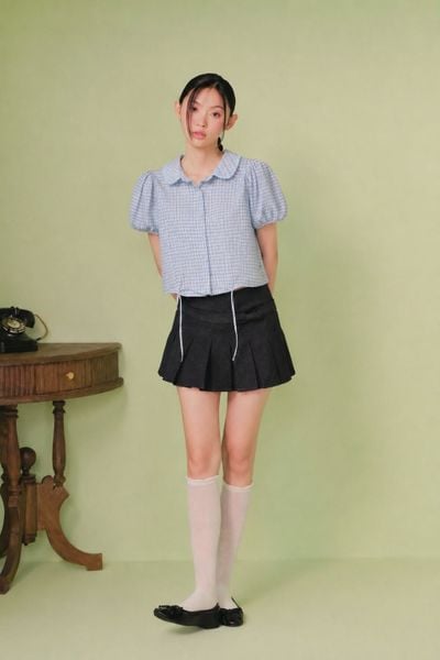  Sơ mi kiểu cổ sen Blue Cotton Checked Puff Top 