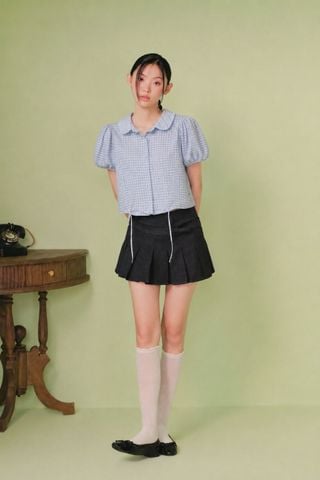 Sơ mi kiểu cổ sen Blue Cotton Checked Puff Top