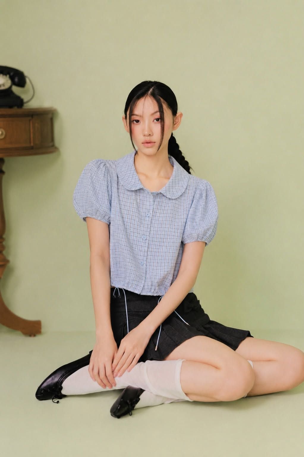 Sơ mi kiểu cổ sen Blue Cotton Checked Puff Top