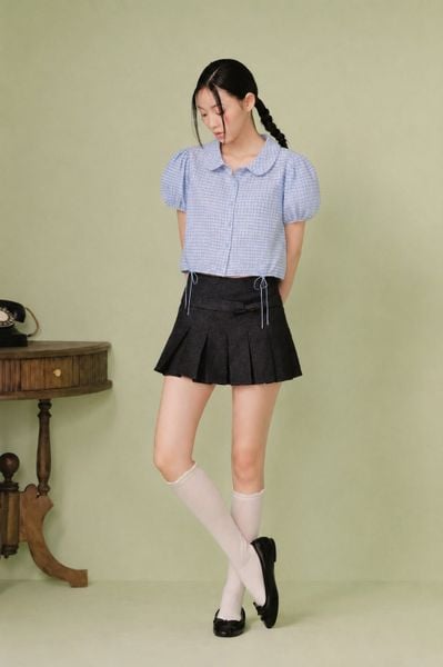  Sơ mi kiểu cổ sen Blue Cotton Checked Puff Top 
