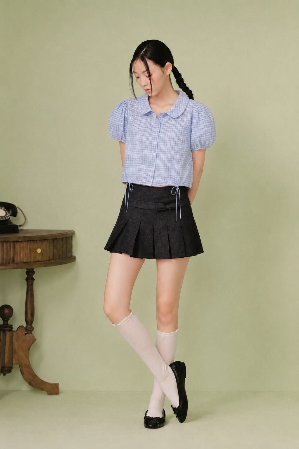 Sơ mi kiểu cổ sen Blue Cotton Checked Puff Top