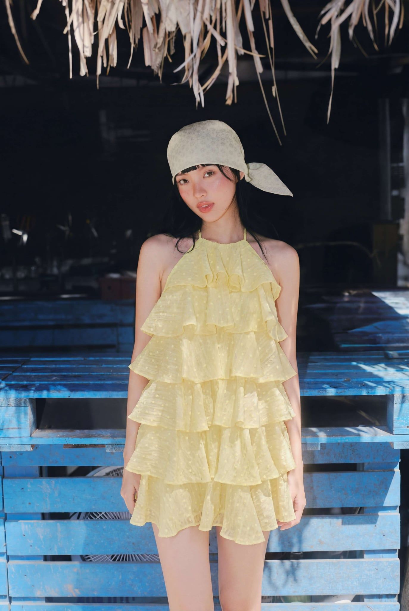 Váy tầng cổ yếm Yellow Chiffon Halter Neck Ruffled Dotted Dress