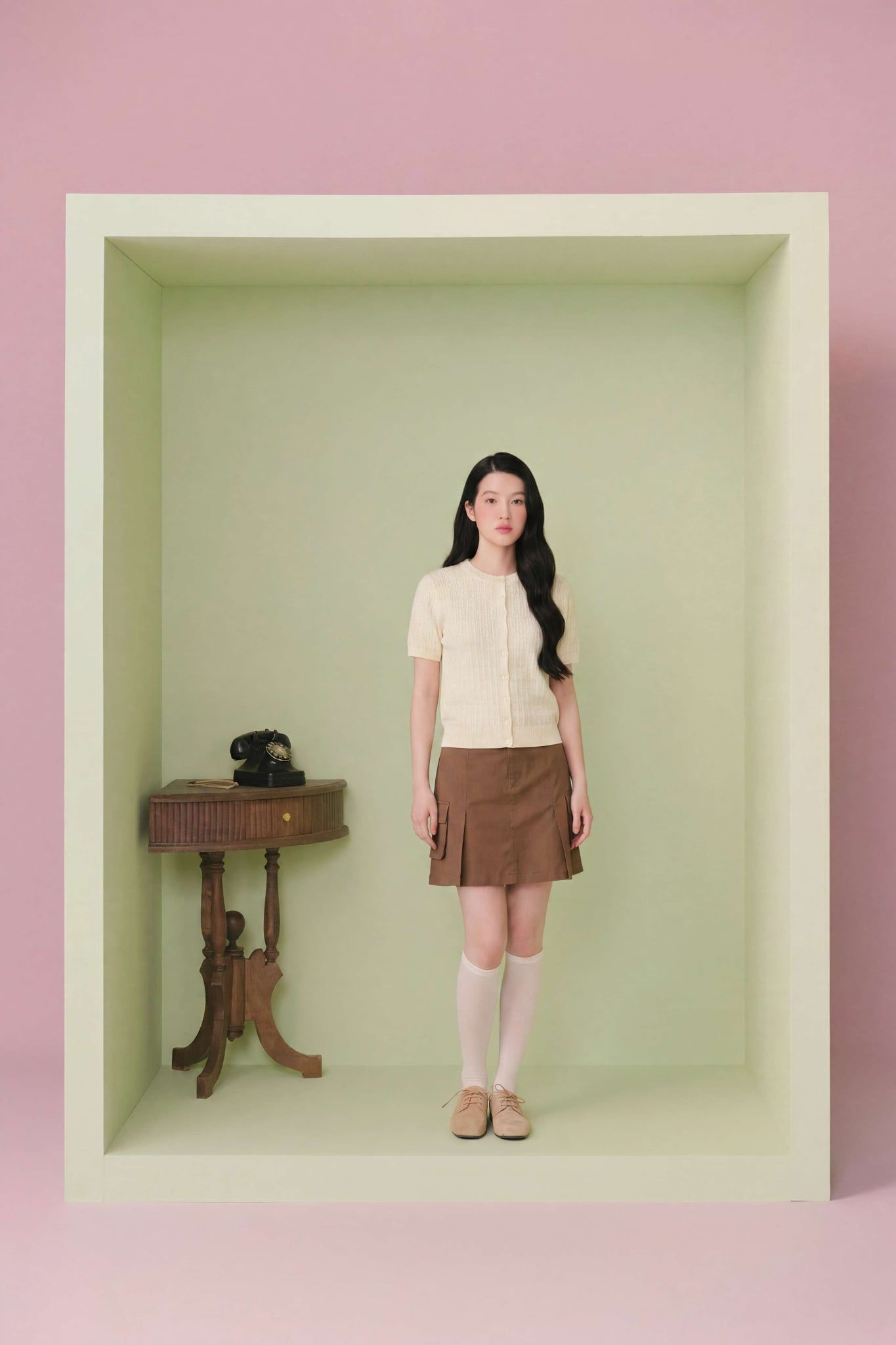 Áo len Cream Jacquard Knit Button Top