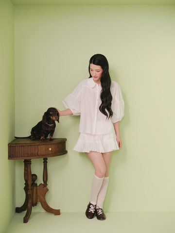 Set áo tay lỡ kèm chân váy White Linen Collar Pleated Puff Sleeves Set
