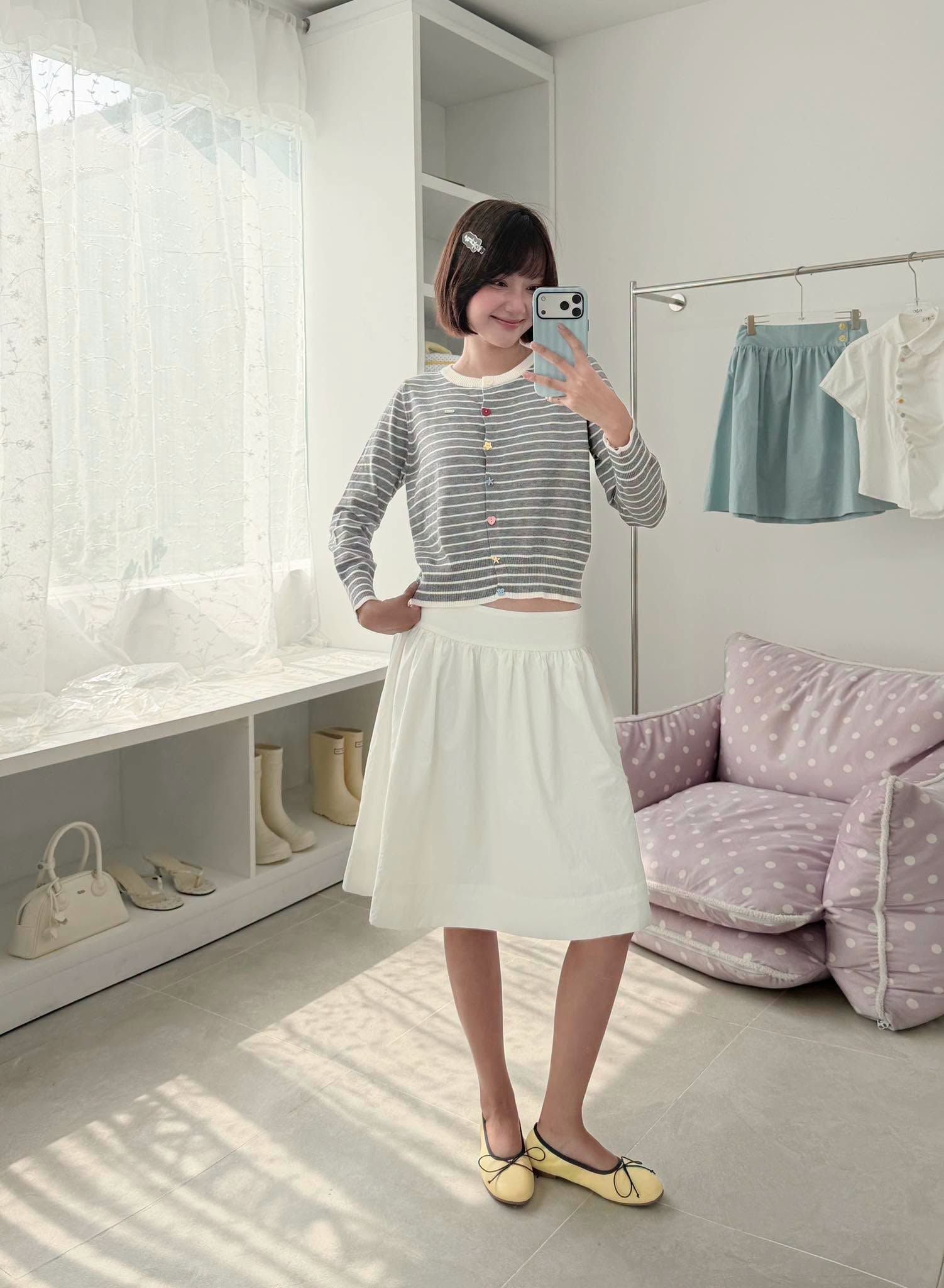Chân váy White Cotton Midi Flared Skirt