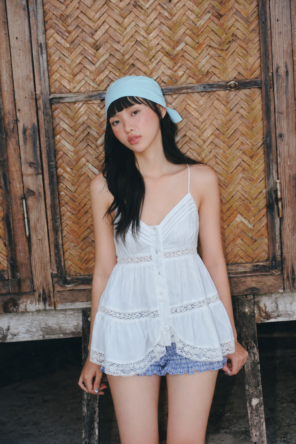 Áo hai dây White Cotton Cami Pleated Ruffled Top