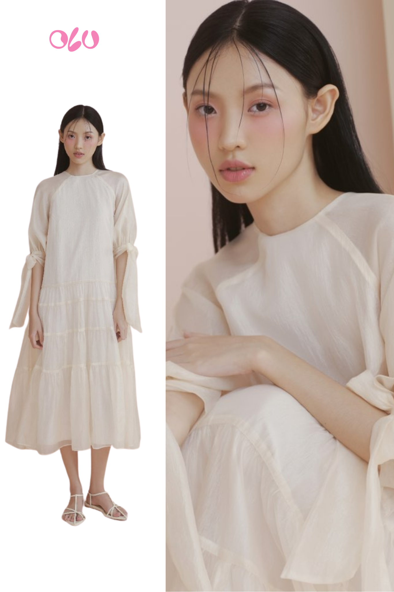 Ivory Chiffon Tiered Tie Sleeves Dress