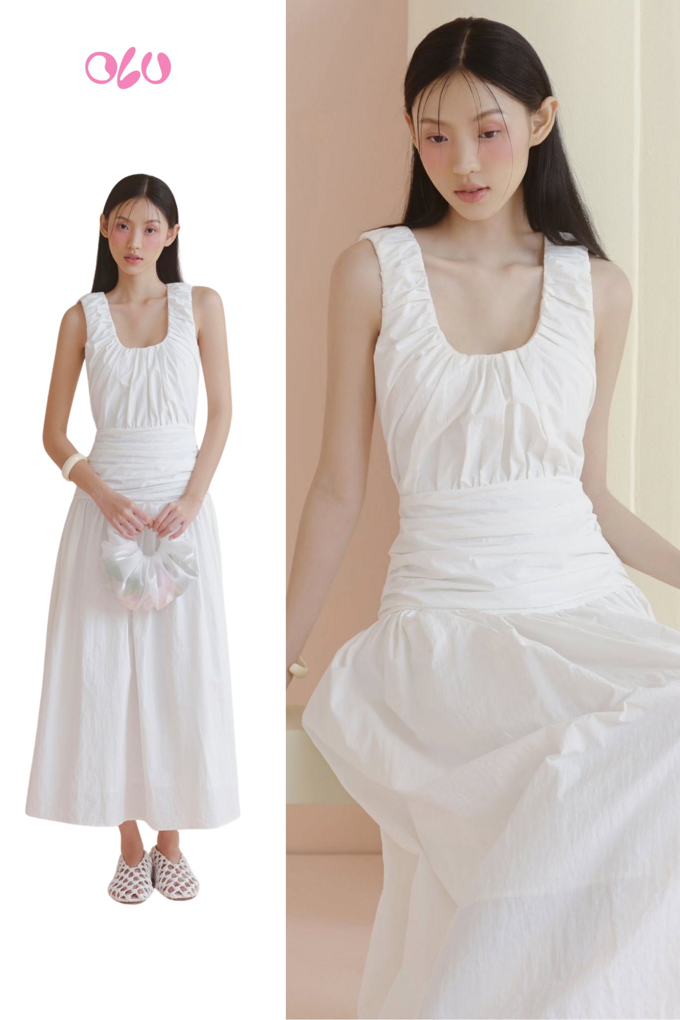 White Ruched Round Neck Dress