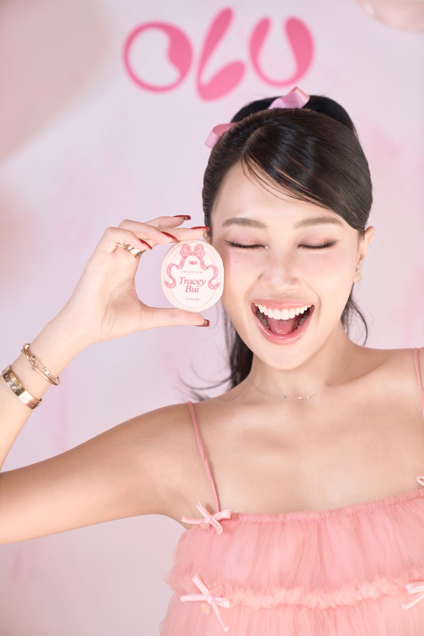 Đầm suông hai dây Pink Mesh Layered Bow Mini Dress