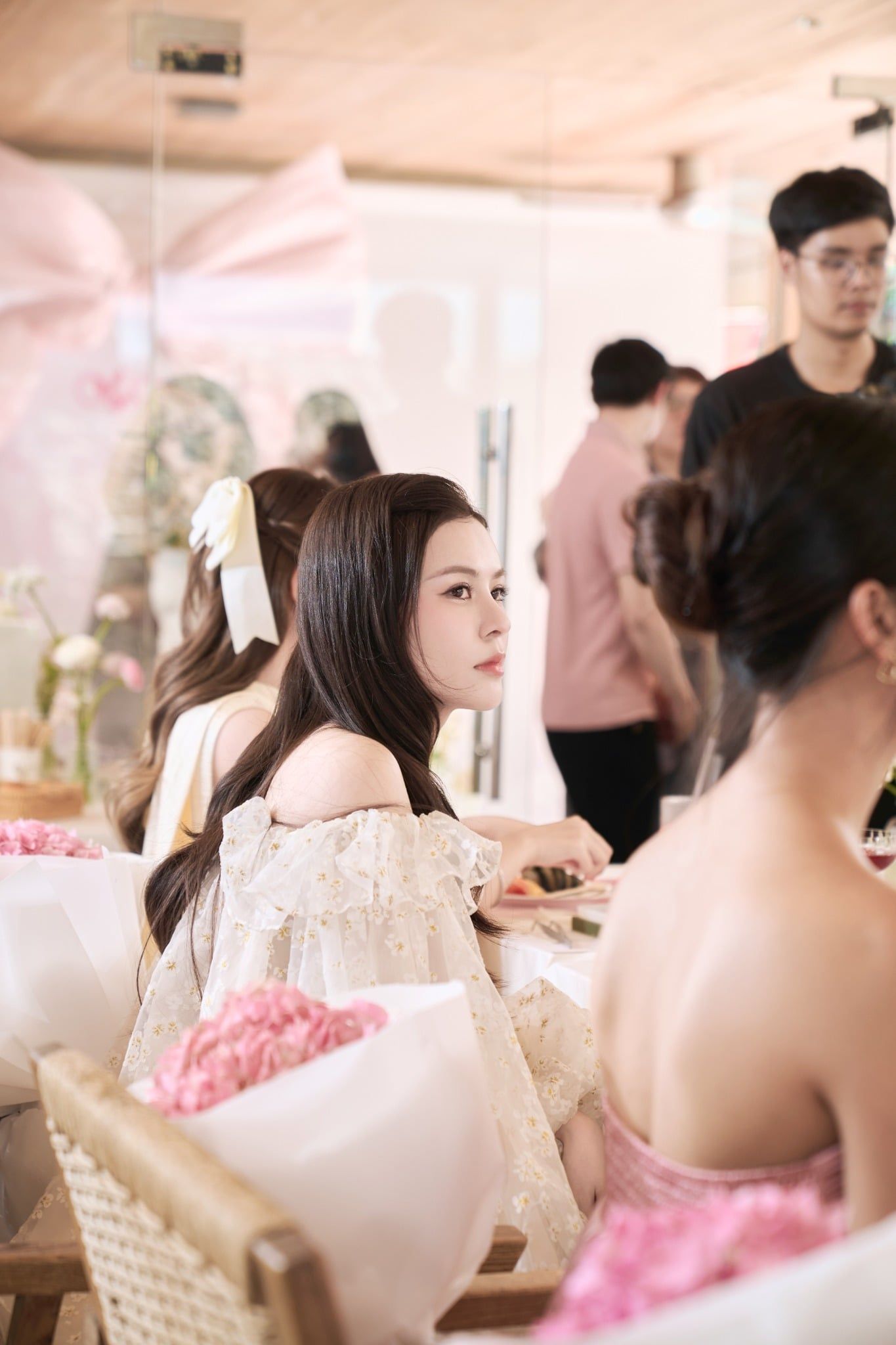 Ivory Fleur Chiffon Off Shoulder Ruffled Puff Dress