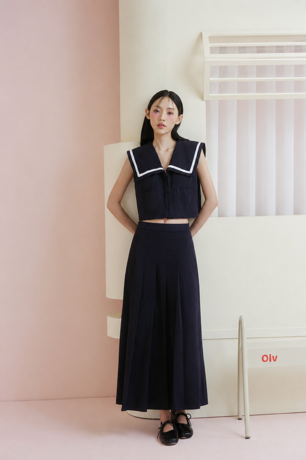 Chân váy Navy Pleated A Line Midi Skirt