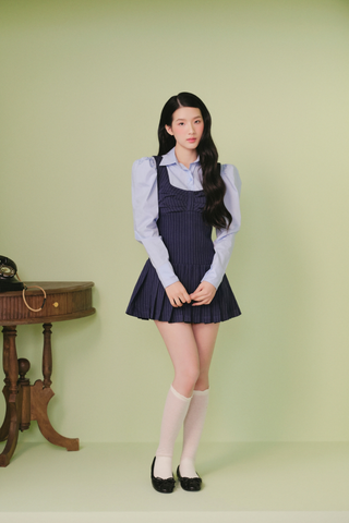 Váy hai dây cổ vuông Navy Cotton Striped Pinafore Pleated Mini Dress