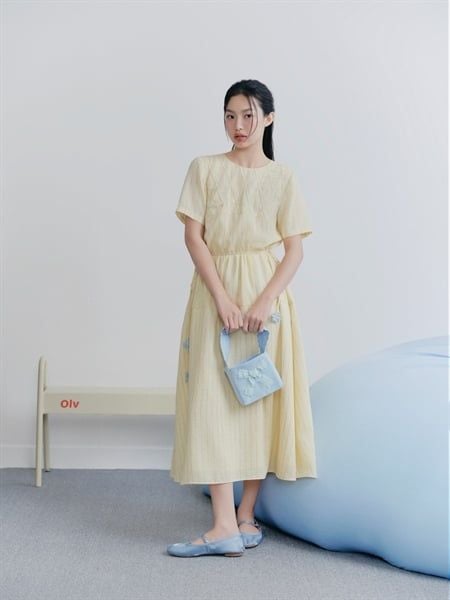 Butter Striped Midi Embro Dress