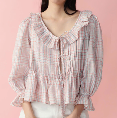  Pink Cotton Ruffled Tie Front Shirt 