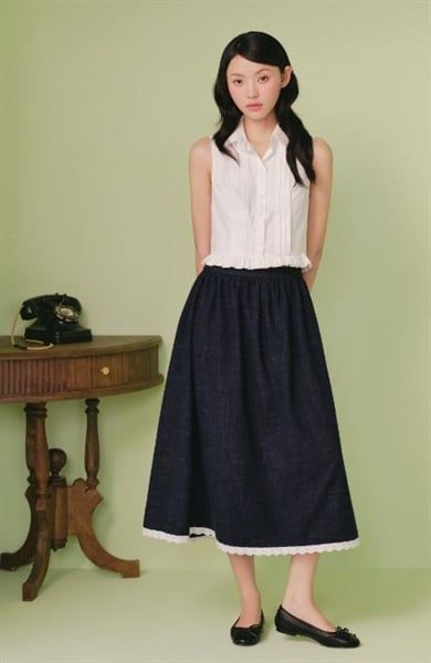Chân váy dáng dài Navy Denim Trim Skirt