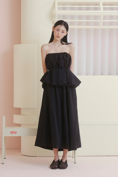  Black Pleated Peplum Cup Midi Dress 
