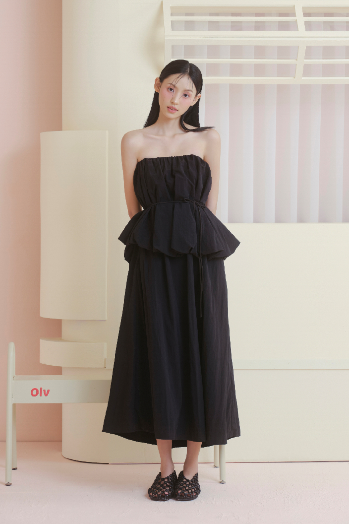 Black Pleated Peplum Cup Midi Dress