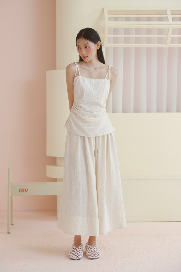 Cream Linen Strappy Ruched Dress