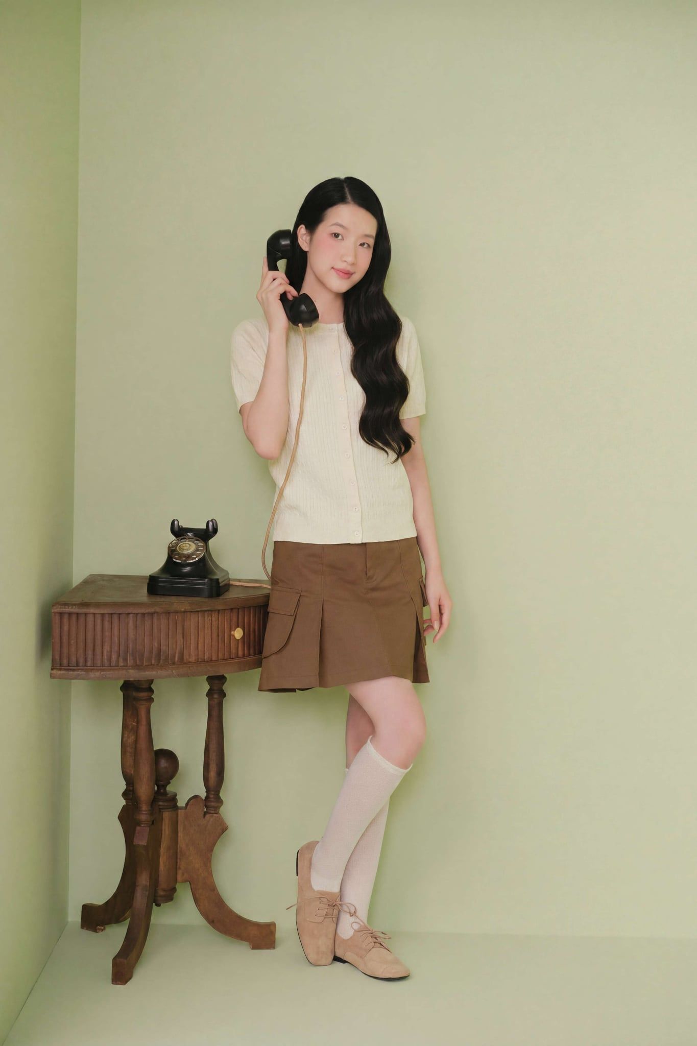 Áo len Cream Jacquard Knit Button Top