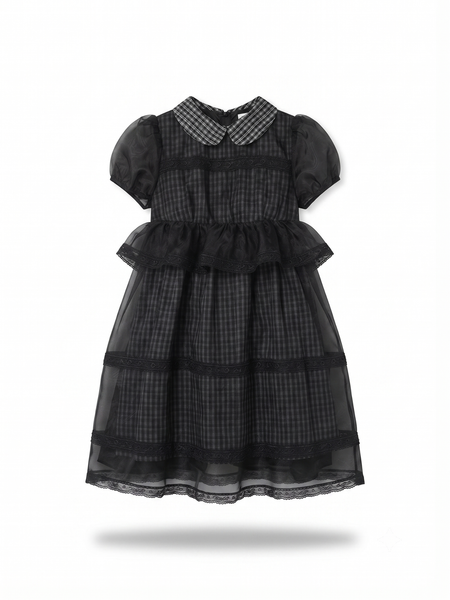  Set váy cổ sen caro phối tơ Black Checked Chiffon Puff Layered Mini Dress 