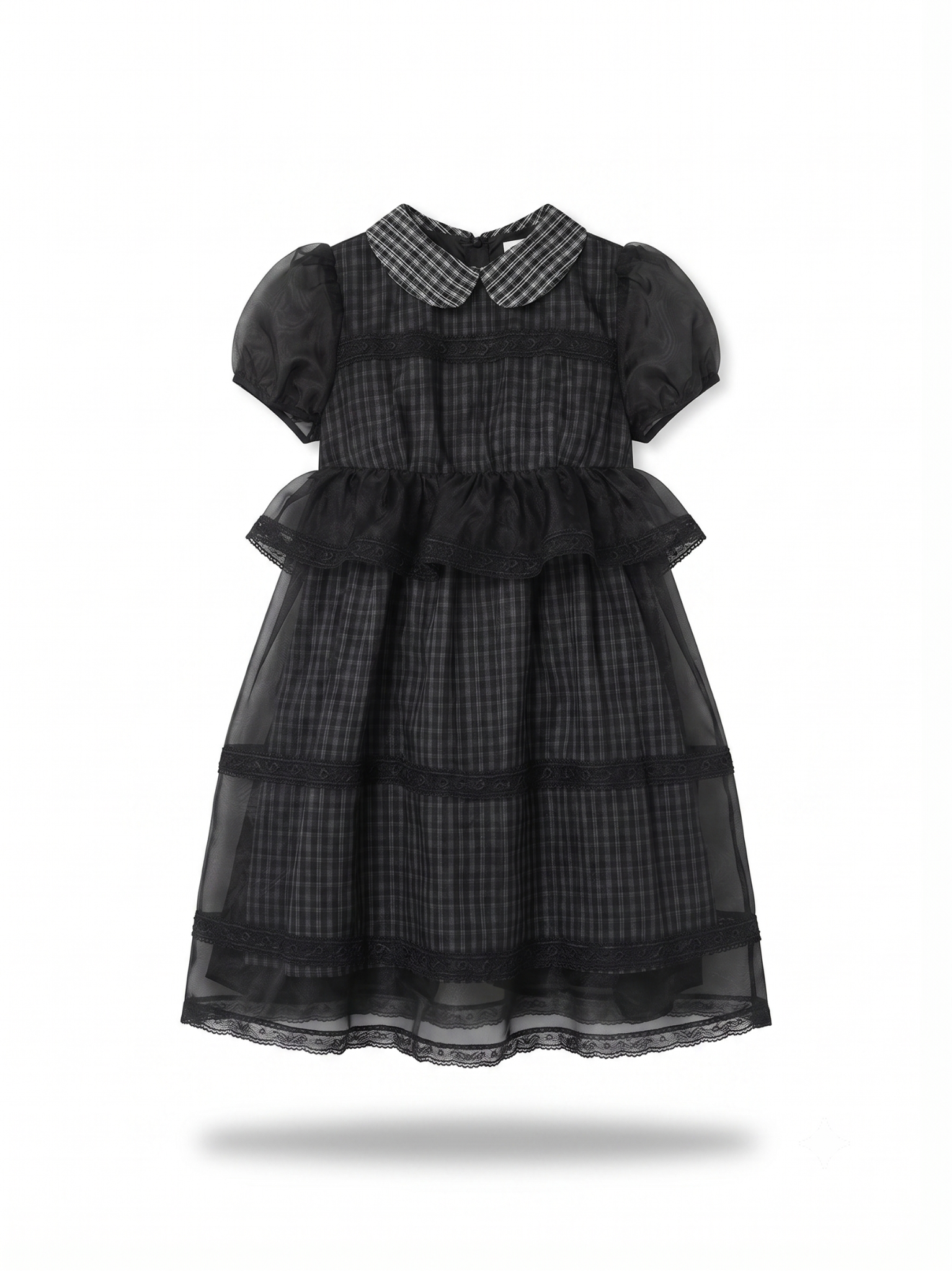 Váy suông cổ sen caro phối tơ Black Checked Chiffon Puff Layered Mini Dress