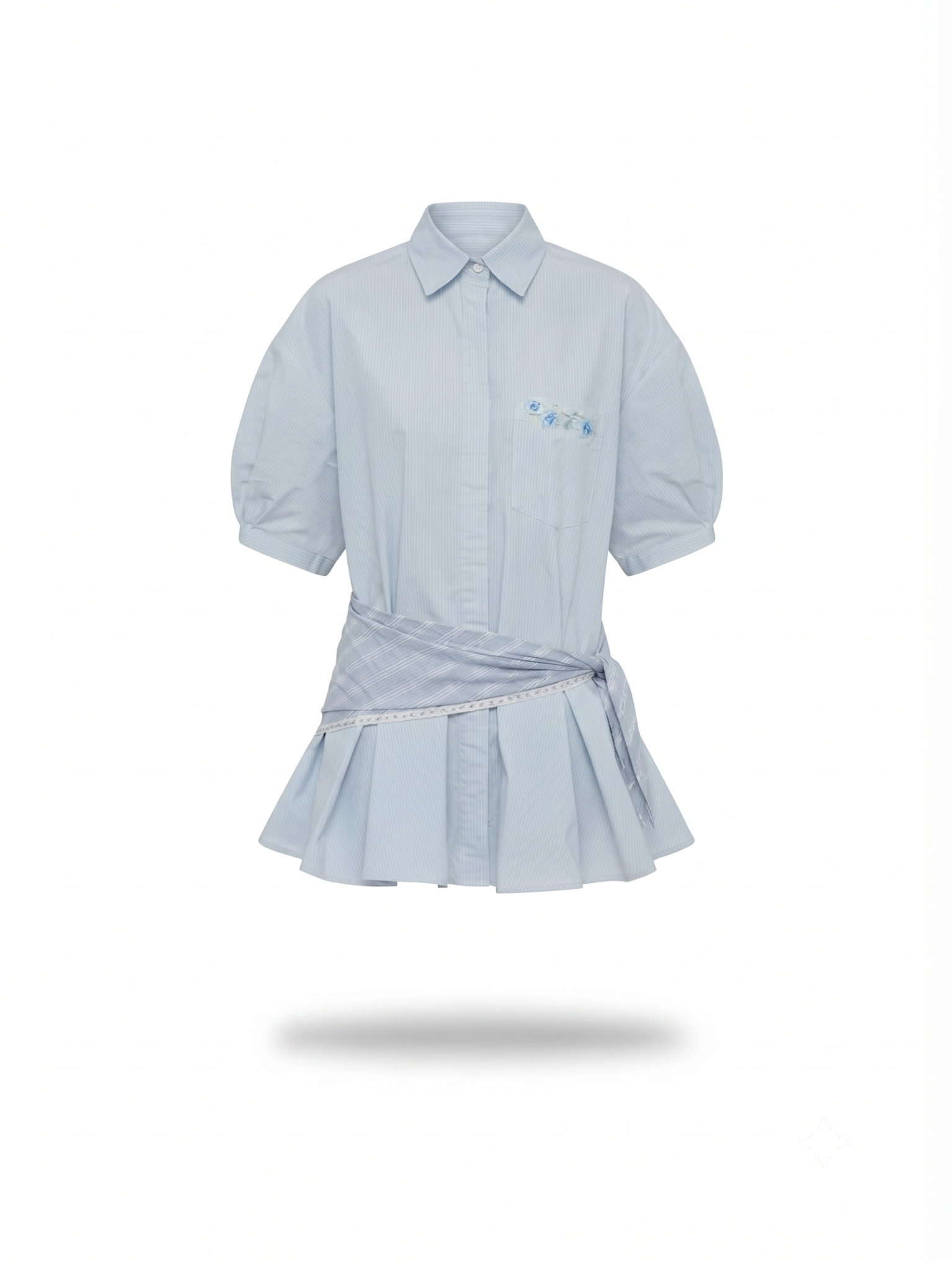 Set sơ mi kẻ sọc Blue Cotton Collar Puff Sleeves