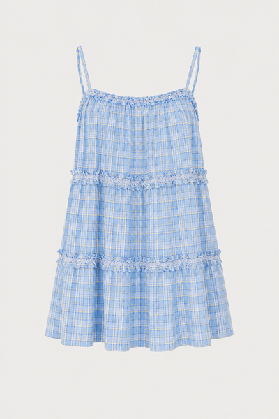  Váy hai dây caro nhún bèo Blue Plaid Kate Layered Mini Dress 