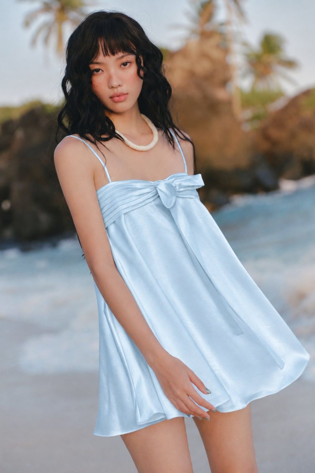 Váy lụa cột nơ Satin Bow Strapless Mini Dress nhiều màu