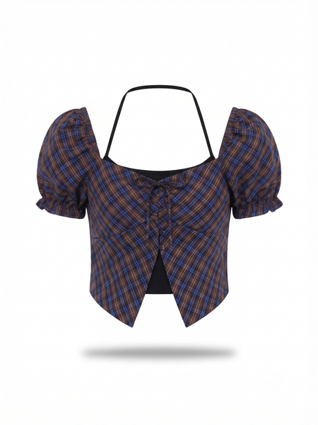  Áo Trễ Vai Tay Phồng Brown Plaid Cotton Puff Square Top 