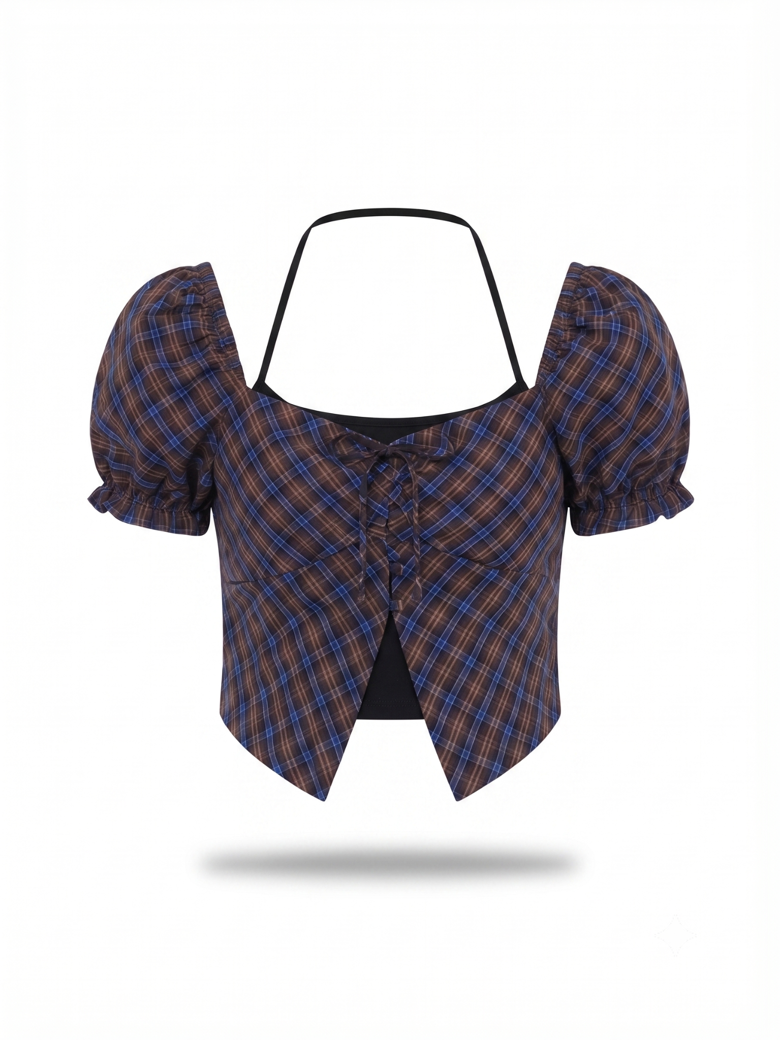 Áo Trễ Vai Tay Phồng Brown Plaid Cotton Puff Square Top