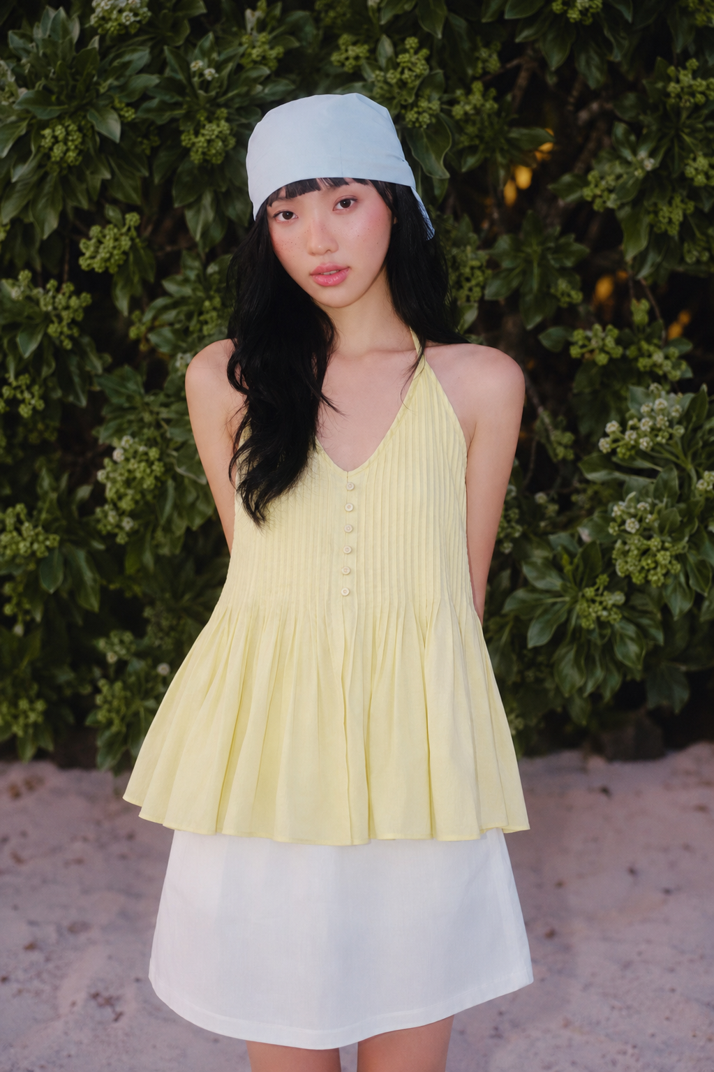 Áo cổ yếm Yellow Cotton Halter Neck Pleated Top
