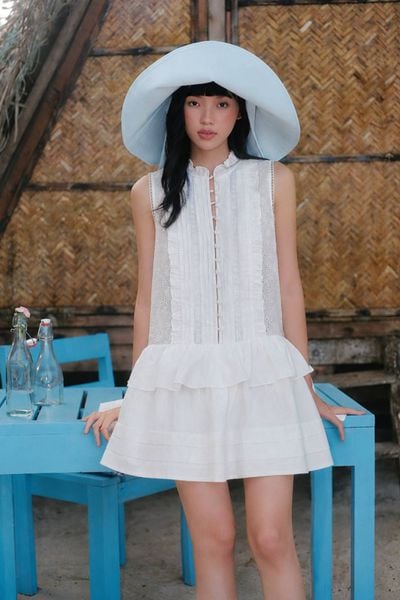  Váy sát nách phối bèo White Gauze Layered Ruffled Mini Dress 