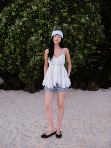 Áo hai dây White Cotton Cami Pleated Ruffled Top