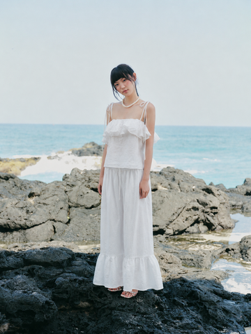 Quần suông ống rộng White Ruffled Wide Leg Pants
