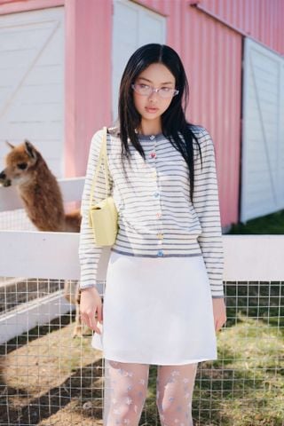 Áo cardigan White Knit Striped Buttoned Cardigan