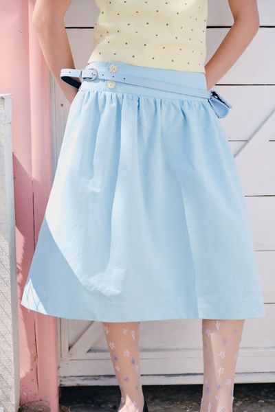  Chân váy midi Tiffany Blue Pleated Buttoned 