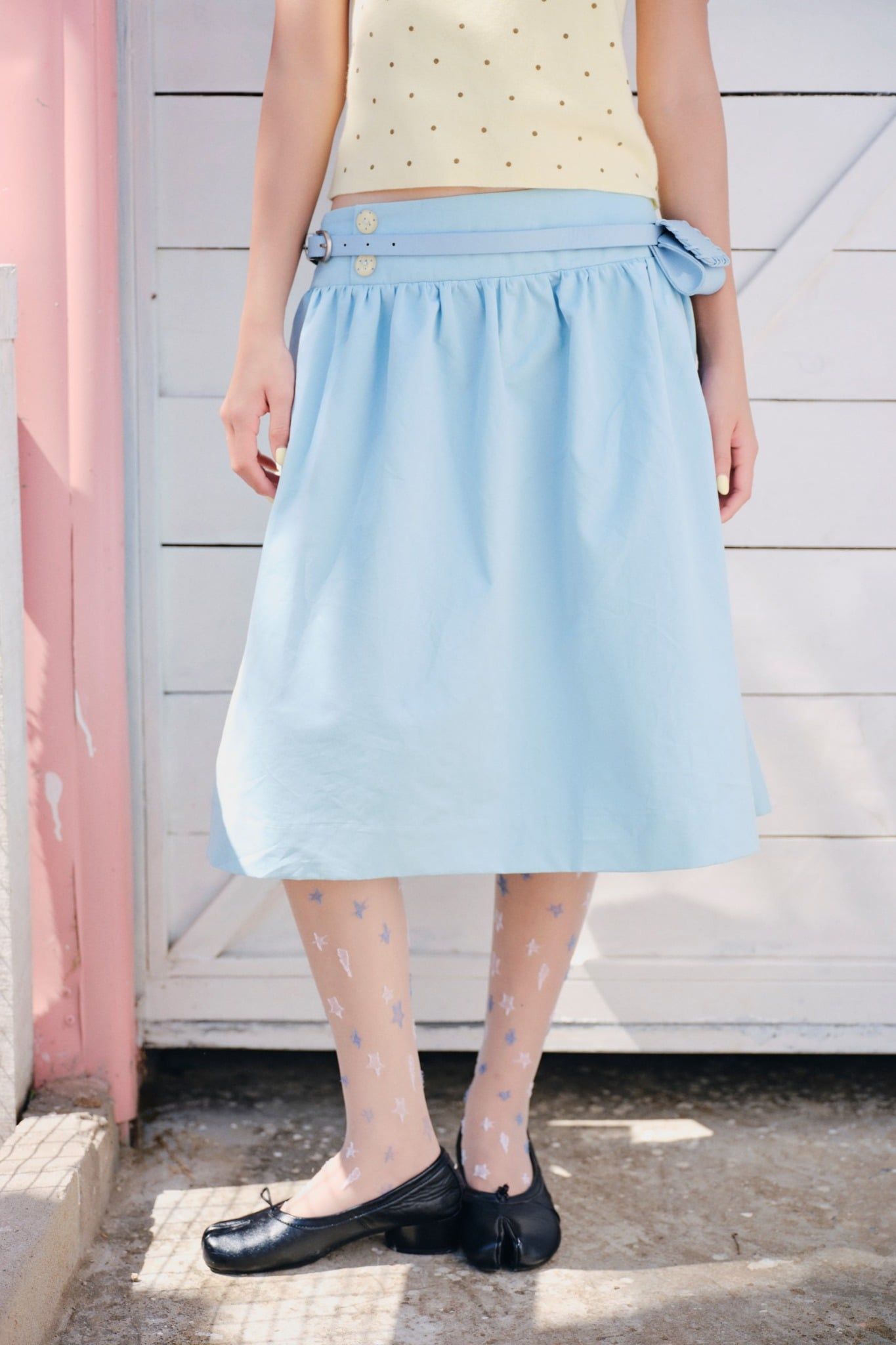 Chân váy midi Tiffany Blue Pleated Buttoned